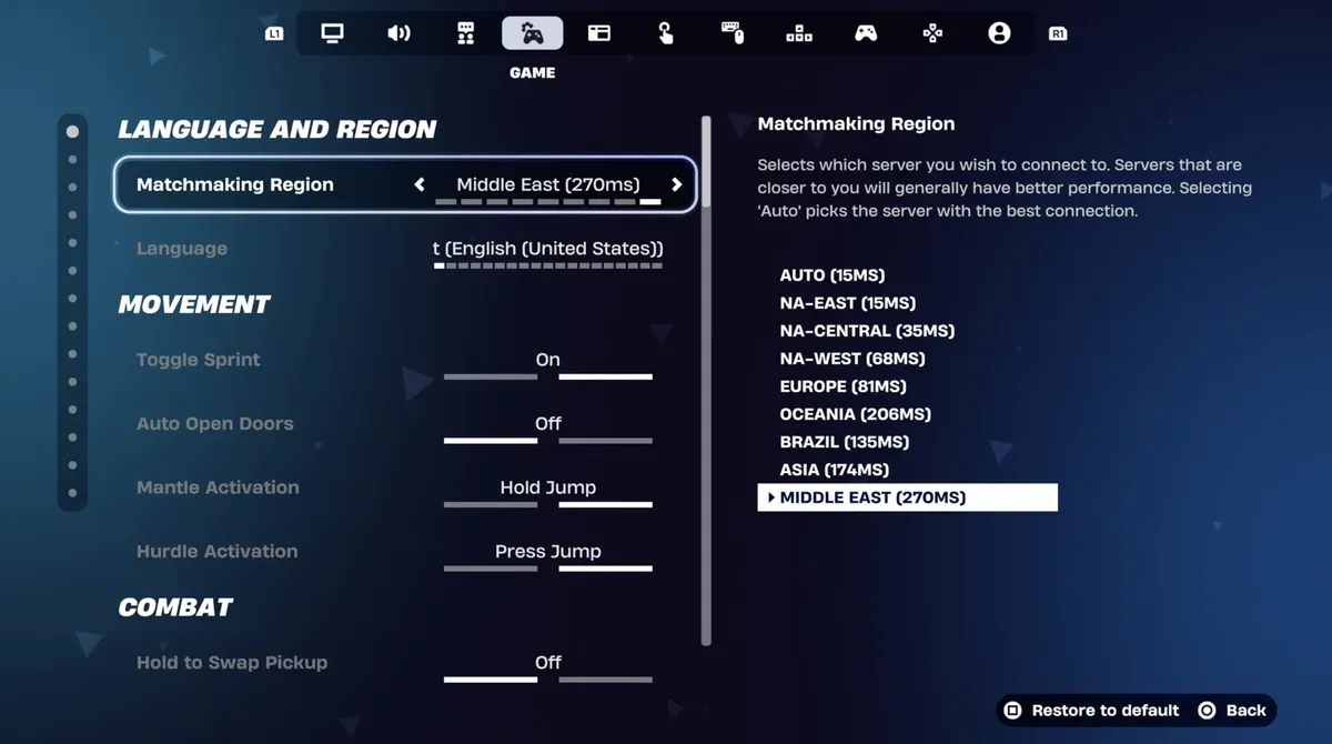 Changing server region to Middle East in Fortnite settings