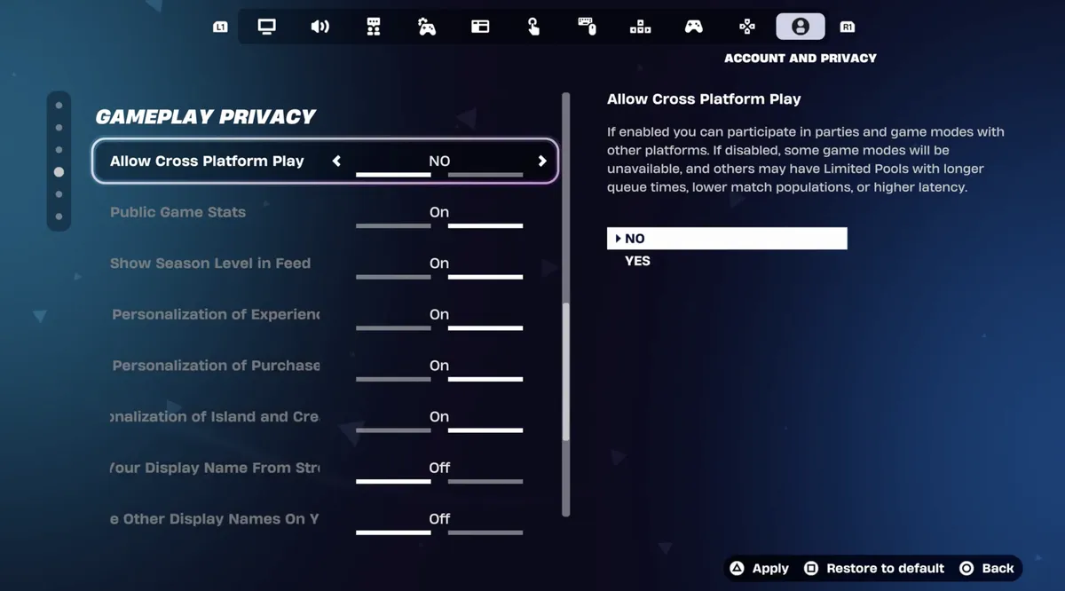 Disabling cross-platform play in Fortnite