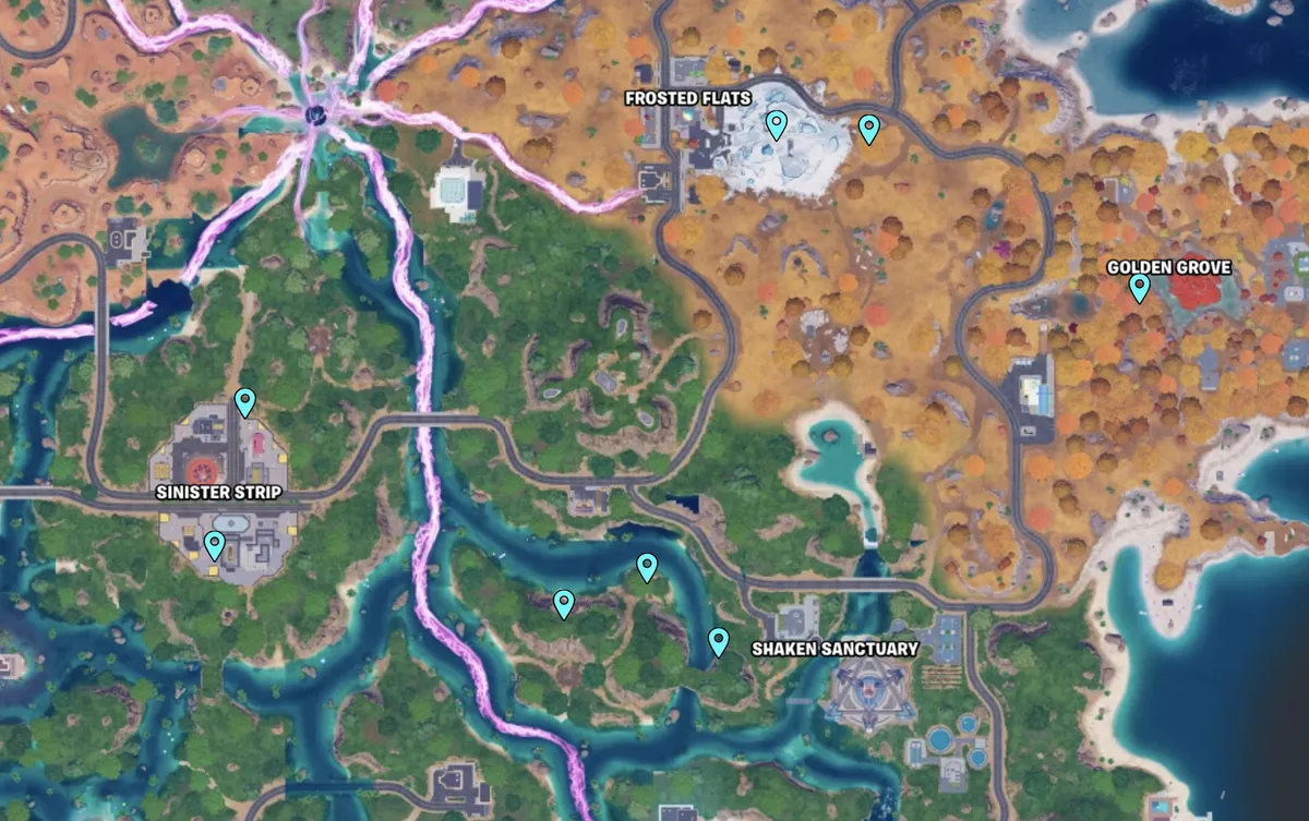 Map showing key Holofoil Sprite spawn locations including towers, caves, and vault areas