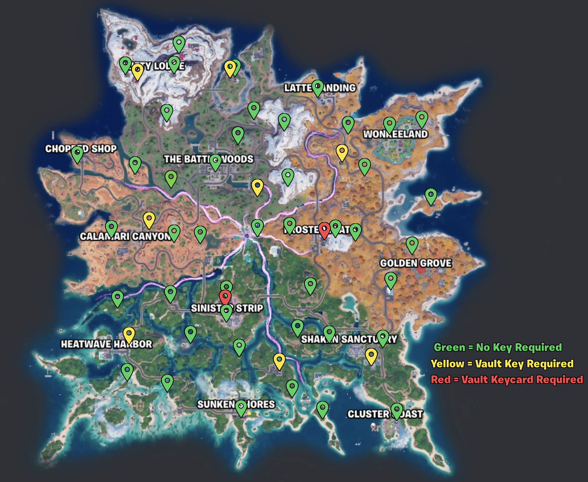 Fortnite Runners season map showing every Sprite Chest location, color-coded by access requirement